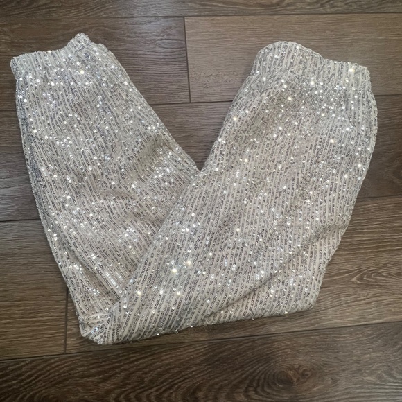 Loft Sequin Jogger Pants Cream Womens Pants Sz Medium Holiday Party Dressy - Picture 3 of 12
